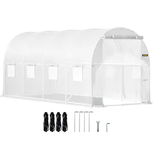 VEVOR 15 x 6.5 x 7 ft Walk-in Tunnel Greenhouse, Portable Plant Hot House with Galvanized Steel Hoops, 1 Top Beam, Diagonal Poles, Zippered Door & 8 Roll-up Windows, White