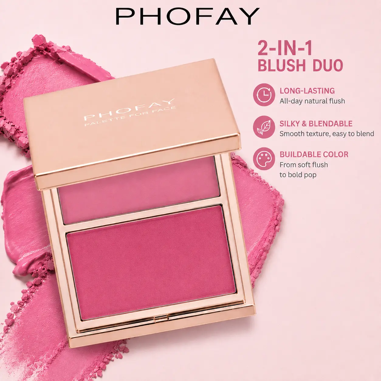 PHOFAY 2-in-1 Blush Duo, Cream & Powder Blush for a Fresh Natural Flush, Smooth Blendable Texture, Buildable Color & Long-Lasting Wear, Perfect for Everyday Makeup, Date Night, Parties & On-the-Go Touch-Ups