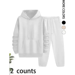 ��Plus Size�� Two-Piece Set Men's Solid Hoodie & Drawstring Waist Sweatpants Set, Casual Long Sleeve Hooded Sweatshirt & Pocket Jogger Pants, Men's Two-piece Outfits for Fall & Winter