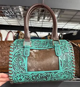 Genuine hand tooled leather & cowhide speedy bag- Turquoise with cowhide patch