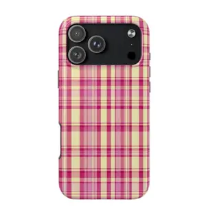 Pink Yellow Plaid Cottagecore Gingham Glossy Phone Case For IPhone 17-11, Pro Max, Pro Plus, and Samsung S26-23 Safety Two-In-One Case