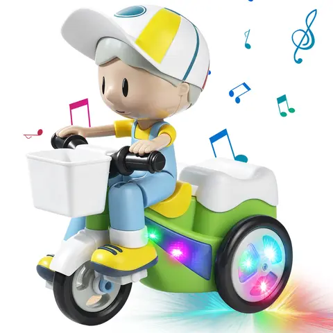 Electric Stunt Tricycle Toy with Rider, Music and Lights, Automatic Lift and Spin Action, Obstacle-Avoiding Bike Toy