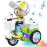Electric Stunt Tricycle Toy with Rider, Music and Lights, Automatic Lift and Spin Action, Obstacle-Avoiding Bike Toy
