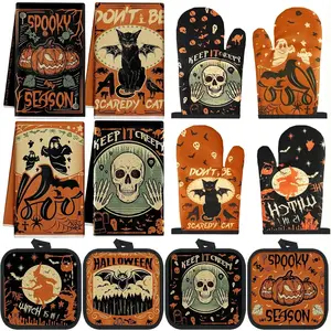 12 Pcs Halloween Kitchen Towels Pot Holders and Oven Mitts Set 4 Ghost Dish Towels 4 Gothic Witchy Oven Mitts 4 Spooky Pumpkin Pot Holders for Halloween Home Cooking Dish Baking Decorative
