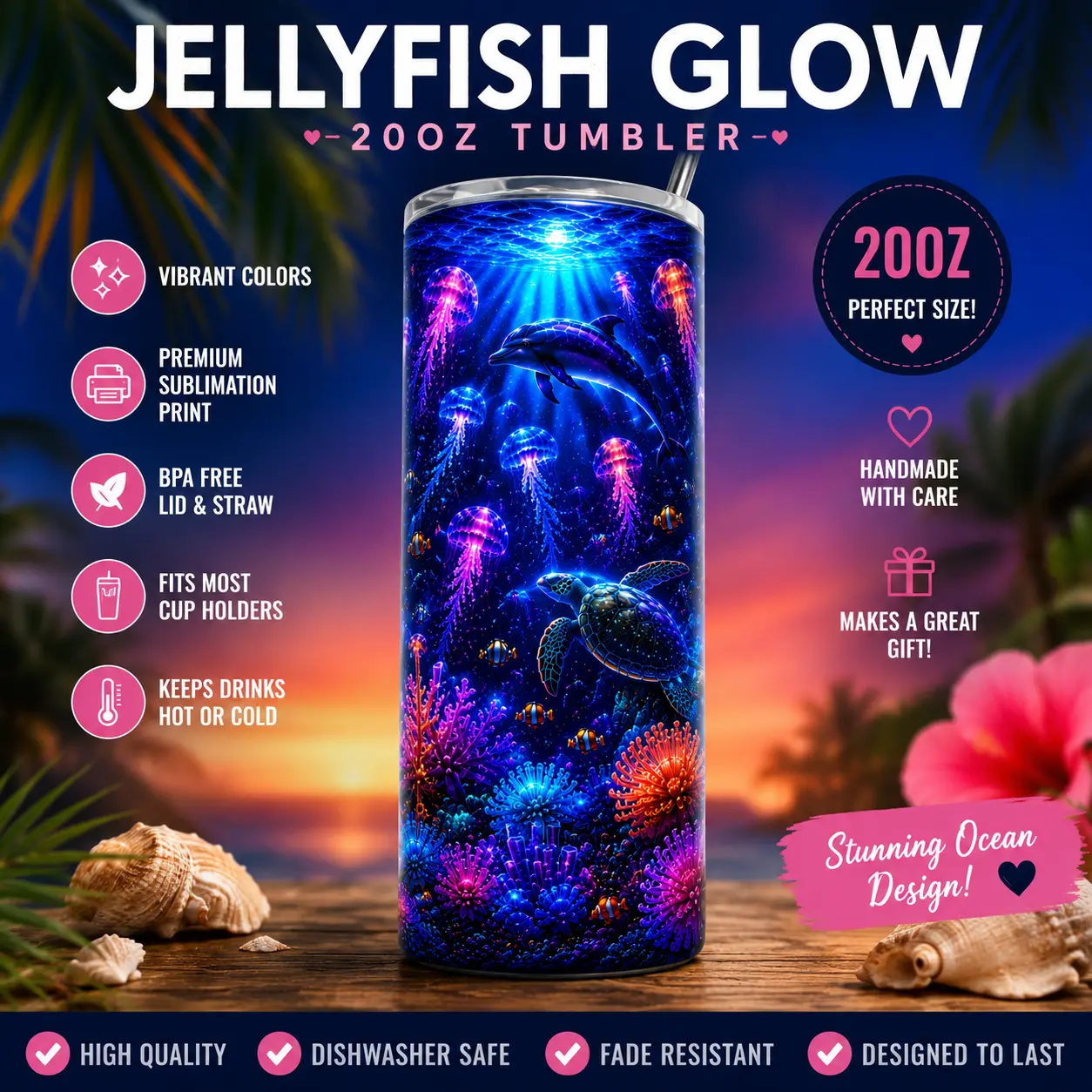 Jellyfish Glow 20oz Stainless Steel Tumbler | Glow Ocean Dolphin Tumbler | Insulated Skinny Tumbler with Lid & Straw