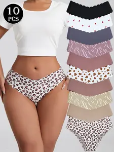 Women's Seamless Wave Leopard Print Bikini Underwear Set, Soft Comfortable Low Waist Trendy Lingerie, Multiple Colors & Prints, Breathable Fabric