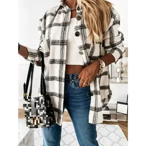 Women’s plaid flannel shirt — longline down jacket with a notched lapel and raglan sleeves; trendy casual blouse for warm layered outfits in spring and autumn; fashionable fall clothing