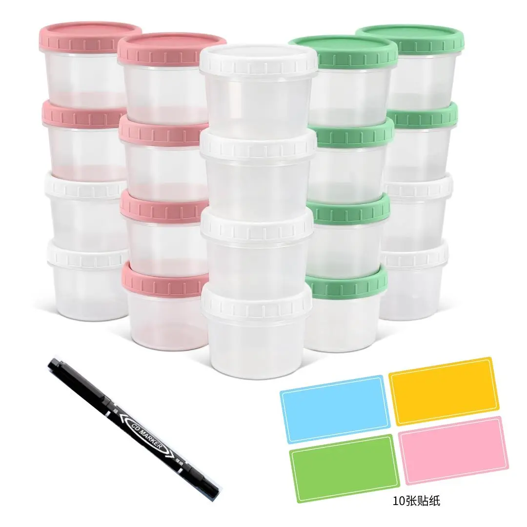 20PCS Small Plastic Food Storage Containers with Flip-Top Lids, Stackable Round Cylindrical Suitable for Freezer Safe, Lunch Boxes for Meal Prep, Snacks, Salad Dressings, Labeling & Pen/Sticker