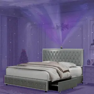 Full size bed frame with 4 drawers, Star Galaxy Projector, USB Charger, Music Speaker, Adjustable Upholstered Headboard with Diamond Button,Velvet-B2727P253426