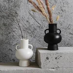 Personalized White & Black Ceramic Vases with Double Ears for Home Decor