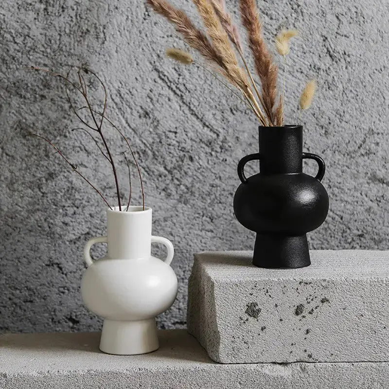Personalized White & Black Ceramic Vases with Double Ears for Home Decor