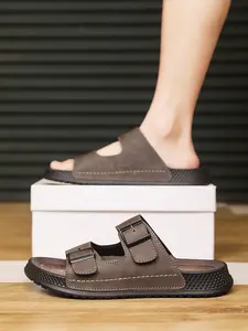 Men's Stitched Slides: Anti-Slip Outsole, Stylish Slides For Mature Outfits & Work Commute Footwear