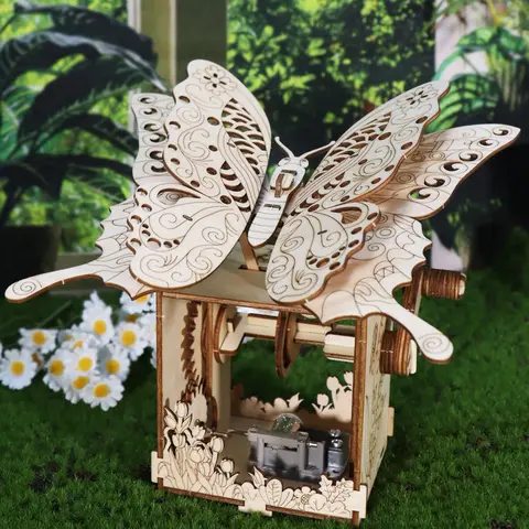 3D Handcrafted Wooden Butterfly Music Box Puzzle Kit - Beginner-Friendly Manual Assembly STEM (Science) Model, Cuboid 3D Puzzles, Screen-Free Boredom Buster, Beige Holiday Gift for 13+ Years, Natural Construction, byh-014, Music Park