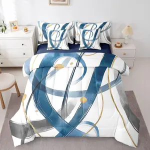 Feelyou 7-Piece Blue Abstract Geometric Comforter Set - Breathable High-Tenacity Cloth Bedding, Minimalist Cool Gold-Grey Line Design, Multi-Size Options, Stylish Room Decor for Teens