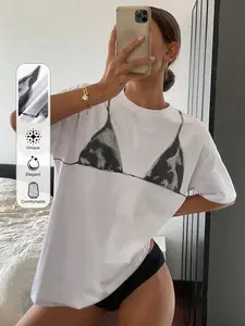 Fake Bikini Illusion Graphic Tee, Short Sleeve, Y2K Streetwear Style, Women's Funny Aesthetic Top, Fashion Casual, Womenswear