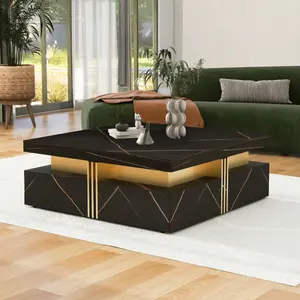[SOIYELIFE] Modern Black Square Storage Coffee Table With 4 Drawers high glossy
