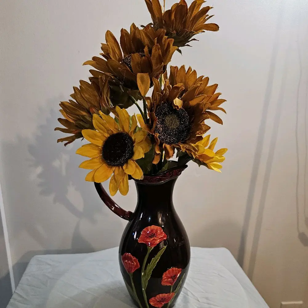 Sunflower & Autumn Bloom Silk Arrangement in Hand-Painted Vase – Rustic Floral Decor