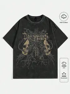 Y2K Grunge Aesthetic Skull Graphic Oversized T-Shirt for Men Women, Retro Acid Wash Cotton Tee, Edgy Streetwear Top for Concert & Daily Outfits, Breathable Soft Darkwear.