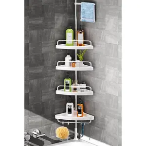 Corner Shower Tension Pole: Stainless Shower Organizer with 4 Tier Shelf for Tub Shampoo - Standing Rack Bath Holder with Rust Rods