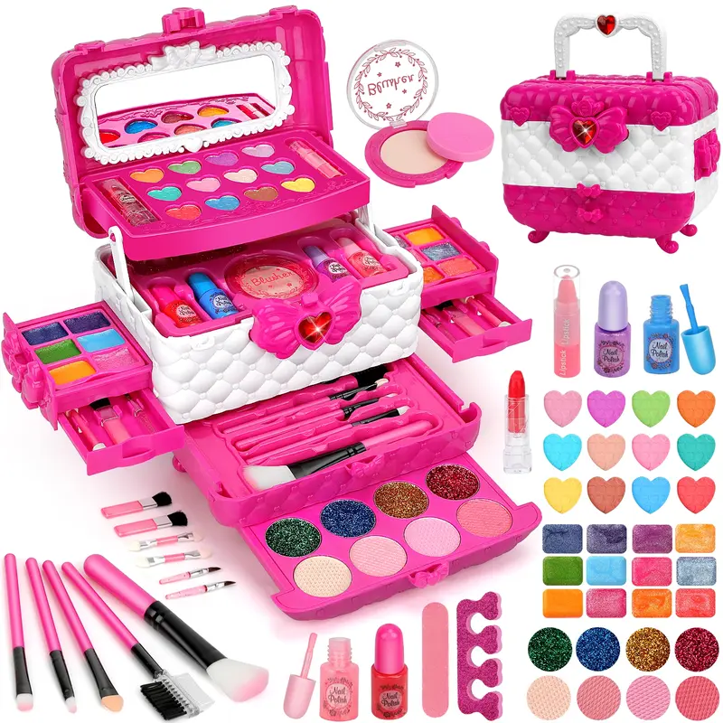 56 Pcs Children's Cosmetics Set, non-toxic, washable cosmetic toy set, princess role-play toys, Pretend play set, Pretend Play Item, the perfect gift for birthday parties, holiday celebrations, and Christmas, suitable for girls ages 3–12