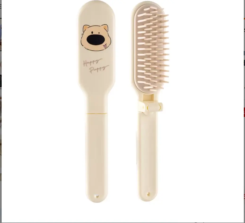 Cute Folding Travel Hairbrush for Kids - Portable Mini Pocket Hair Brush with Mirror & Cartoon Design (Wet & Dry Hair)