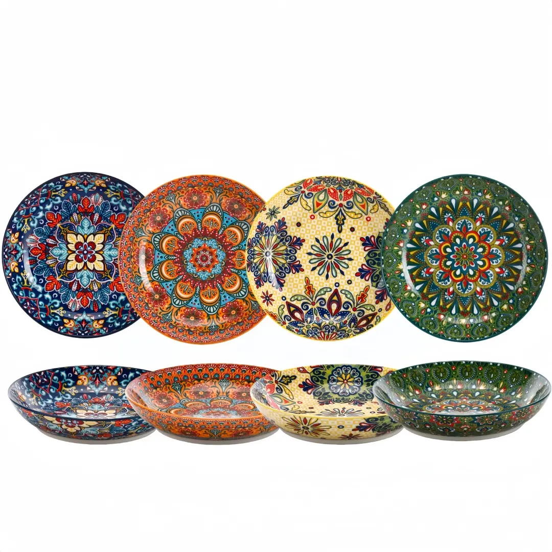 4-Piece Ceramic Dinnerware Set, 8-Inch Plates, Microwave Oven Safe, Dishwasher & Oven Friendly, Bohemian Style Kitchen Tableware