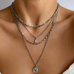 Punk Style Layered Necklace Bold Metal Chain With Portrait Coin Pendant Streetwear Fashion