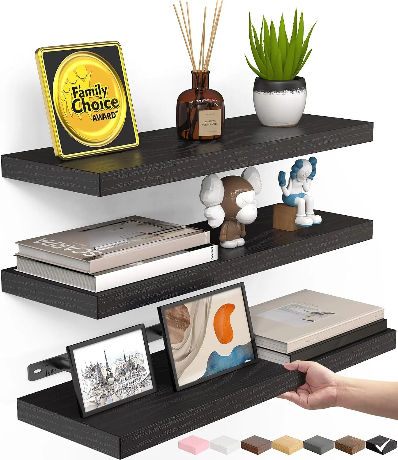 Floating Shelves for Wall, Wall Mounted Rustic Wood Shelves for, Bedroom, Living Room,, Shelf for Books//Room Decor with 22lbs Capacity (Black, Set of 3, 15.7in)| Easy Install, Saving, Hidden Bracket, Wall Shelving for Lego Plant Nursery Dorm Laundry Disp