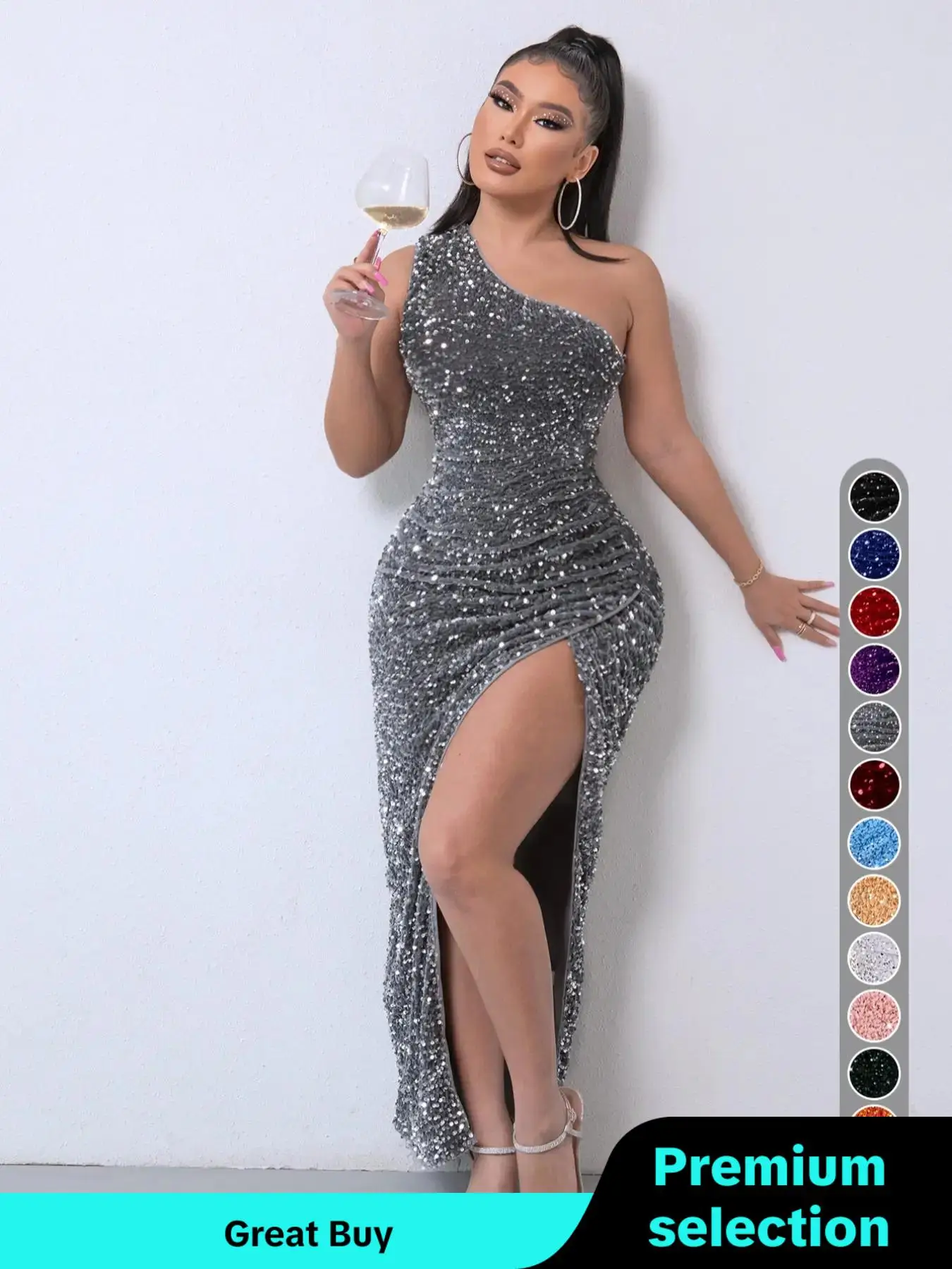 Women's Glitter Sequin One Shoulder Ruched Split Thigh Bodycon Dress, Dress in Club, Dresses for Women, Summer Dresses 2024, Elegant Chic Party Outfit