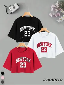 Women's Letter & Number Print Round Neck Crop Tee, Casual Short Sleeve Crew Neck T-shirt for Summer, Fashion Women's Top for Daily Wear, Lady, Streetwear