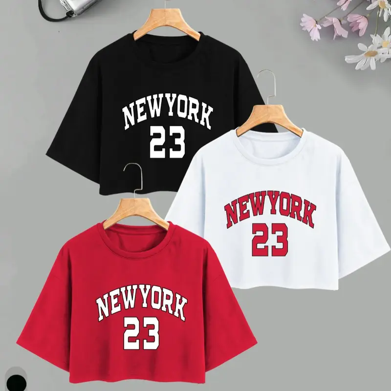 Women's Letter & Number Print Round Neck Crop Tee, Casual Short Sleeve Crew Neck T-shirt for Summer, Fashion Women's Top for Daily Wear