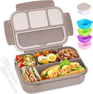 Adult Lunch Box with 4 Compartments 40 Oz 5 Cup Food Container for Men & Women Includes Utensils Sauce Jar Muffin Liners Leakproof Microwave Dishwasher Safe Brown Bento Box Set - Lid