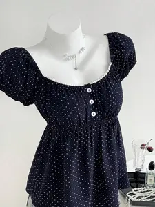Women's Elegant Polka Dot Print Blouse - Casual Cap Sleeve Square Neck Top with Comfortable Fabric