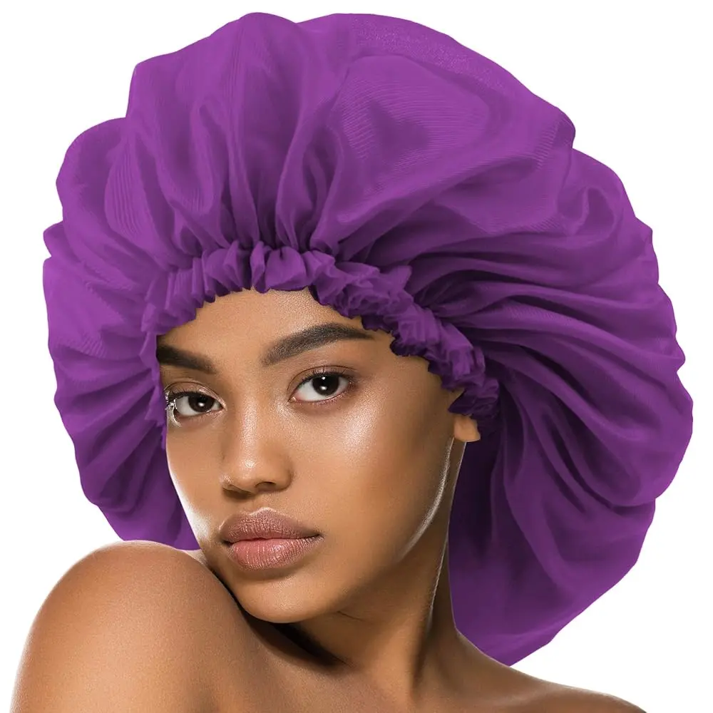 DONNA Argan & Black Castor Satin Sleep Bonnet Cap for Women Reusable Waterproof Super Jumbo Purple