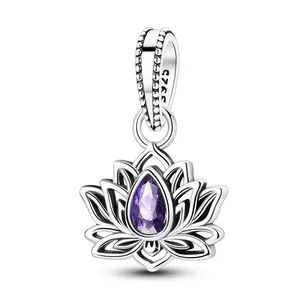 MULA Purple Gemstone Lotus Pendant, S925 Sterling Silver with Sparkling Cubic Zirconia, Compatible with Pandora Bracelet, Perfect Spiritual Gift for Women and Girls on Birthday, Christmas