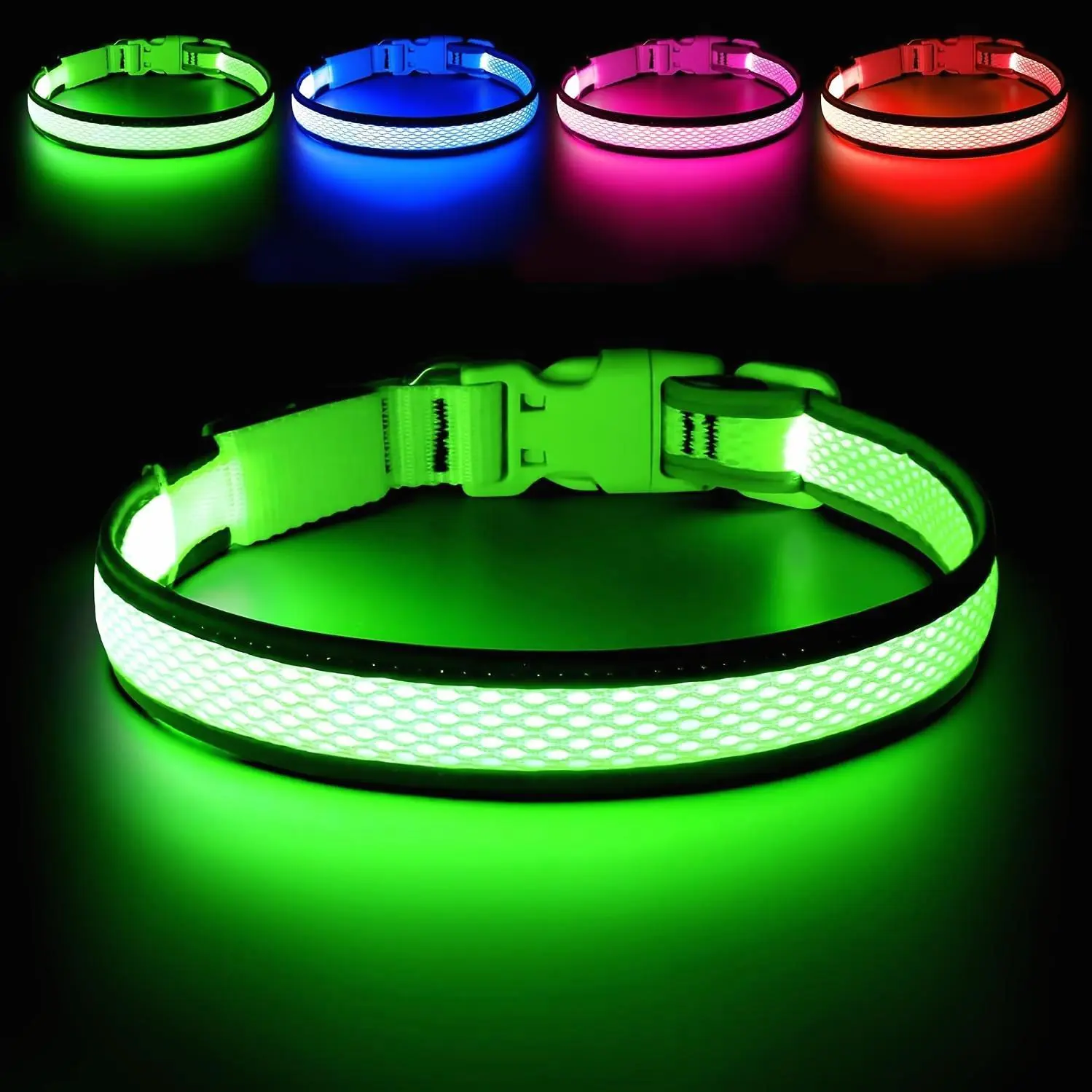 LED Dog Collar, Light Up Dog Collar, USB Rechargeable, Adjustable Comfortable Soft Mesh Safety Dog Collar for Small, Medium, Large Dogs(Blue/ Green/ Pink/ Red/ Yellow)