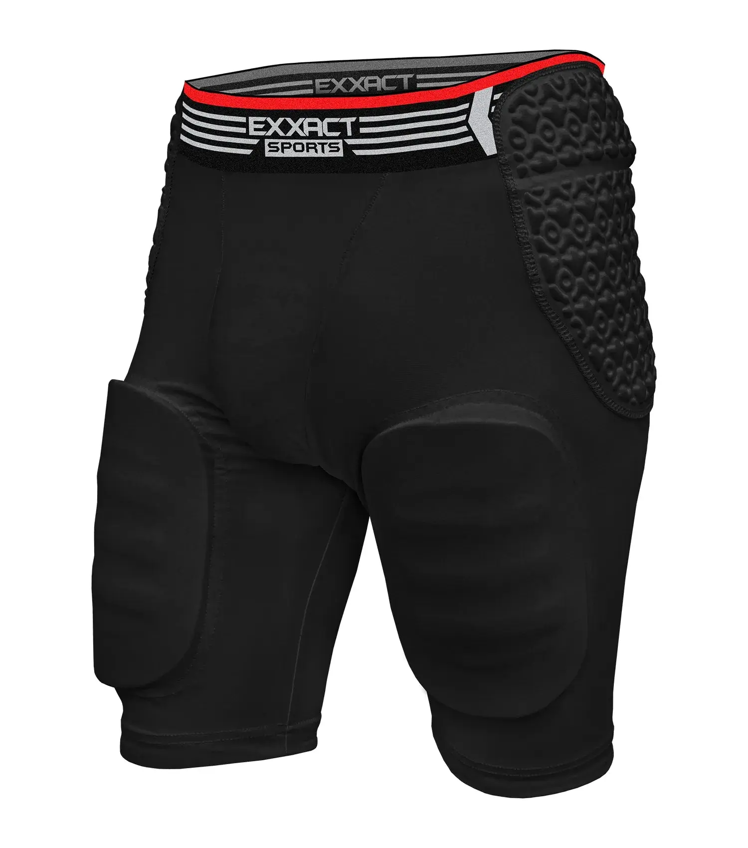 Exxact Sports Rebel 5-Pad Adult Football Girdle for Men with Integrated Hip, Thighs, Tailbone Pads, Padded Compression Shorts, Mens Girdle Football with Cup Pocket (Black)