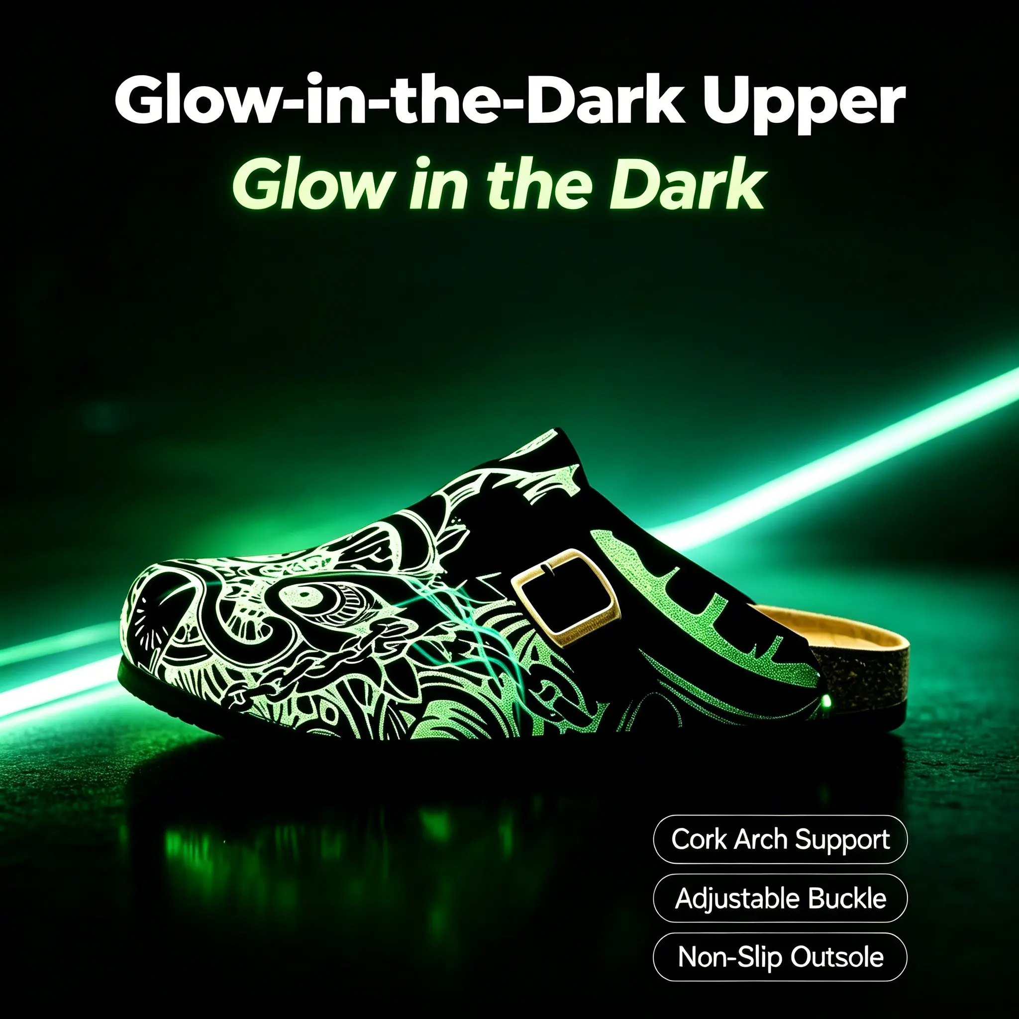 Unisex fashion shoes; adjustable design; comfortable suede slippers; arch support; flat buckle clogs; flat slides; house shoes; comfortable non-slip outdoor shoes; casual fashionable boots; nighttime upper glow effect; suitable for parties