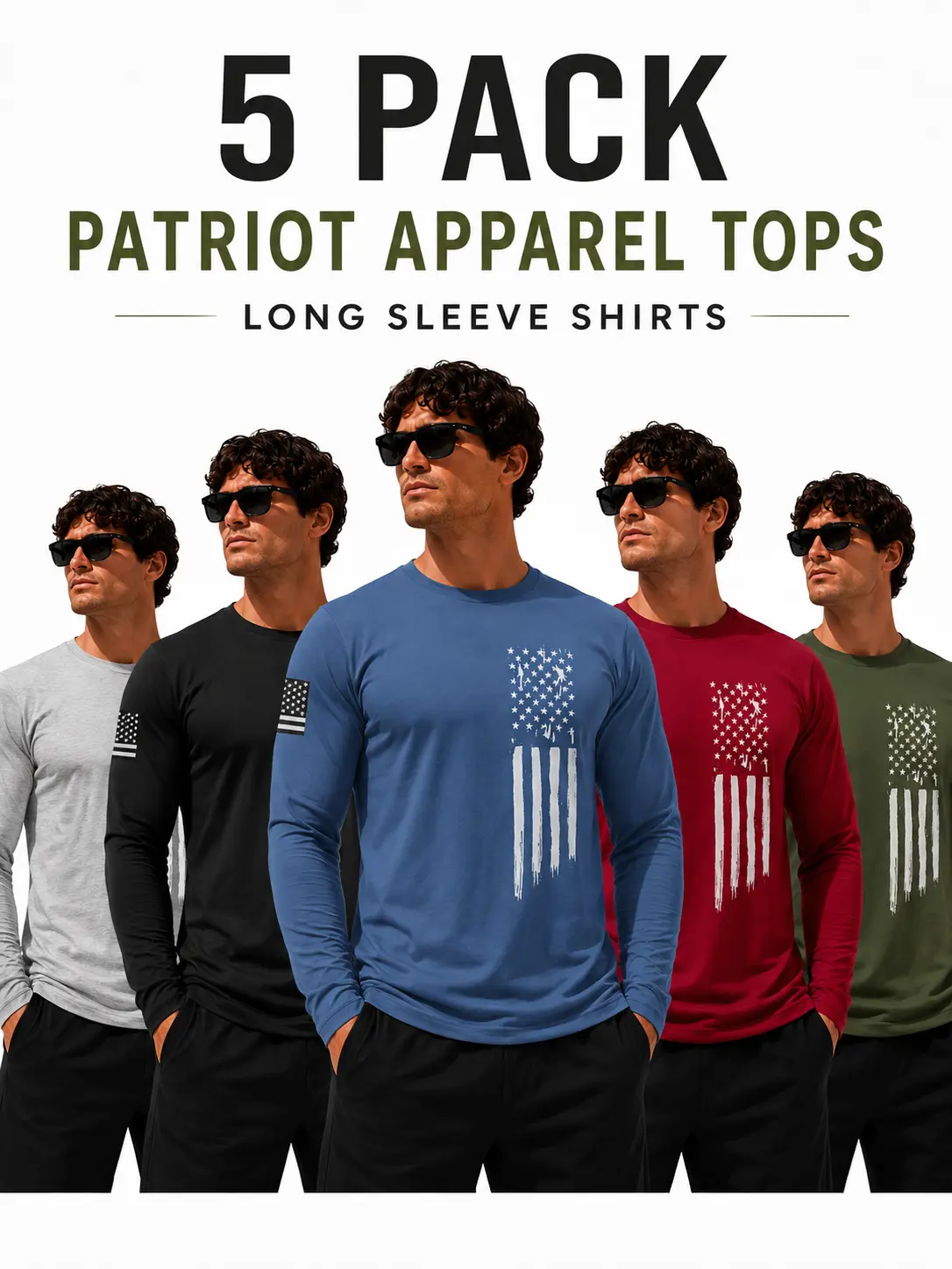 Men's Long-Sleeve Sporty Chic Gym Fashion Crew Neck Athletic Shirts 5-Pack, Us Pride/Nation Pride Flag Graphic Tops for Gym, Hiking-Light Outdoor Activities
