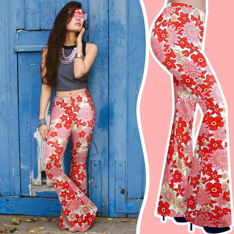 3 Pcs 60s 70s Outfit for Women Hippie Costume Set Disco Flared Pants Groovy Outfit Party Accessories Clothes Womenswear Dress Floral Headband Matching