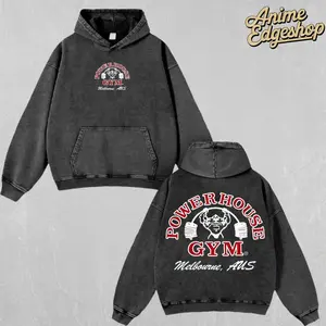 Powerhouse Gym Washed Hoodie & T-Shirt | Heavyweight Vintage Streetwear, Retro Bodybuilding Graphic Tee, Pump Cover Gym Hoodie Gift for Fitness & Hiphop Fans Menswear Thick Tops