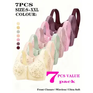 7-piece women's bra with floral pattern, comfortable and breathable non-wired bra, gathered full-cup front button bra for everyday wear