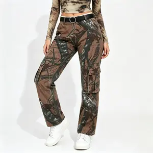 Women's Stretchy Multi-Pocket Straight Leg Jeans - Irregular Printed Bottom for Street, Party, Casual Work Wear