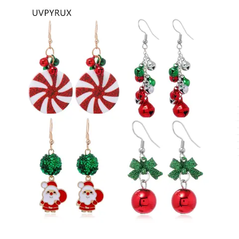 Women's 4-Pairs/Set Christmas Earring Stacking Set - Lightweight Metal-Coated Drop Earrings with Santa, Candy Cane, Bell Jingle, Swirl Designs, Durable Hooks, Comfortable for All-Day Wear Holiday Party Gift