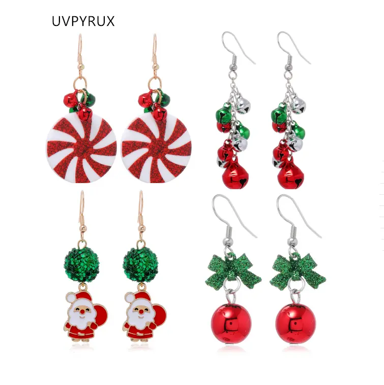 Christmas Earring Stacking Set for Women, 4-Pair Lightweight Dangle Jewelry with Santa, Candy Cane & Bell Motifs, Holiday Party Gift
