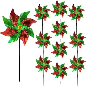 10 Pieces 21 Inches Red and Green Reflective Pinwheels with Stakes, Windmill Wind Spinners for Outdoor Garden Lawn Yard Decor, Christmas Decoration, Large Foil Pin Wheels for Bird and Animal Deterrent
