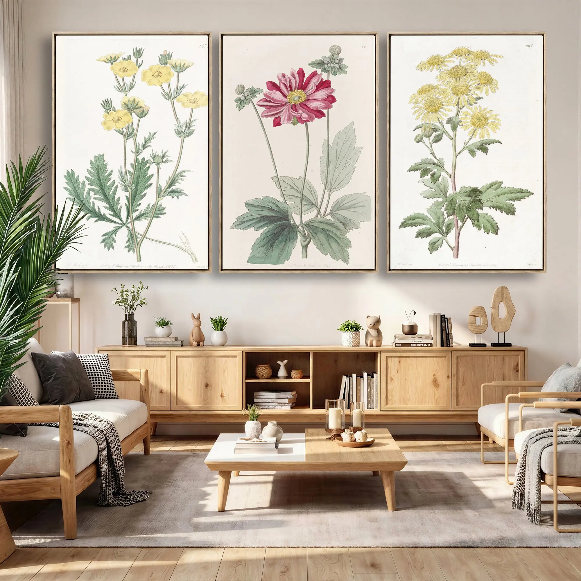 Antique Botanical Canvas Wall Art, Victorian Flower Illustration Triptych Print, Cottagecore Vintage Botanical Decor