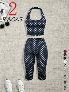 2 PCS Women Y2K Polka Dot Outfit - Halter Crop Top & High Waist Biker Shorts Set, Retro Slim Fit Loungewear Tracksuit, Casual Streetwear for Summer Workout Daily, Workout Sets