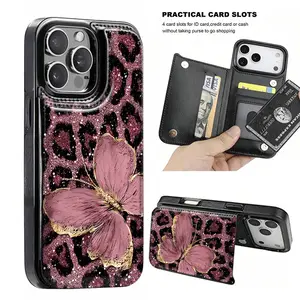 Cool and stylish pink glitter diamond leopard print butterfly-themed shockproof leather card holder phone case,for iPhone 17 Pro Max Phone Case 17 Air 16 15 Plus 14 13 12 , Samsung Galaxy S25 ULTRA FE Plus S22 S23 FE S24 Plus