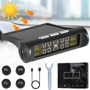 Tire Pressure Monitoring System TPMS, Solar Power Universal Wireless Car Alarm System with 4 External Sensors, LCD Real-time Display 4 Tires Pressure  Ensure Safe Driving